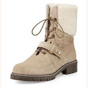 STUART WEITZMAN Viking Combat Boots in Fango,
Suede Faux Fur Trim